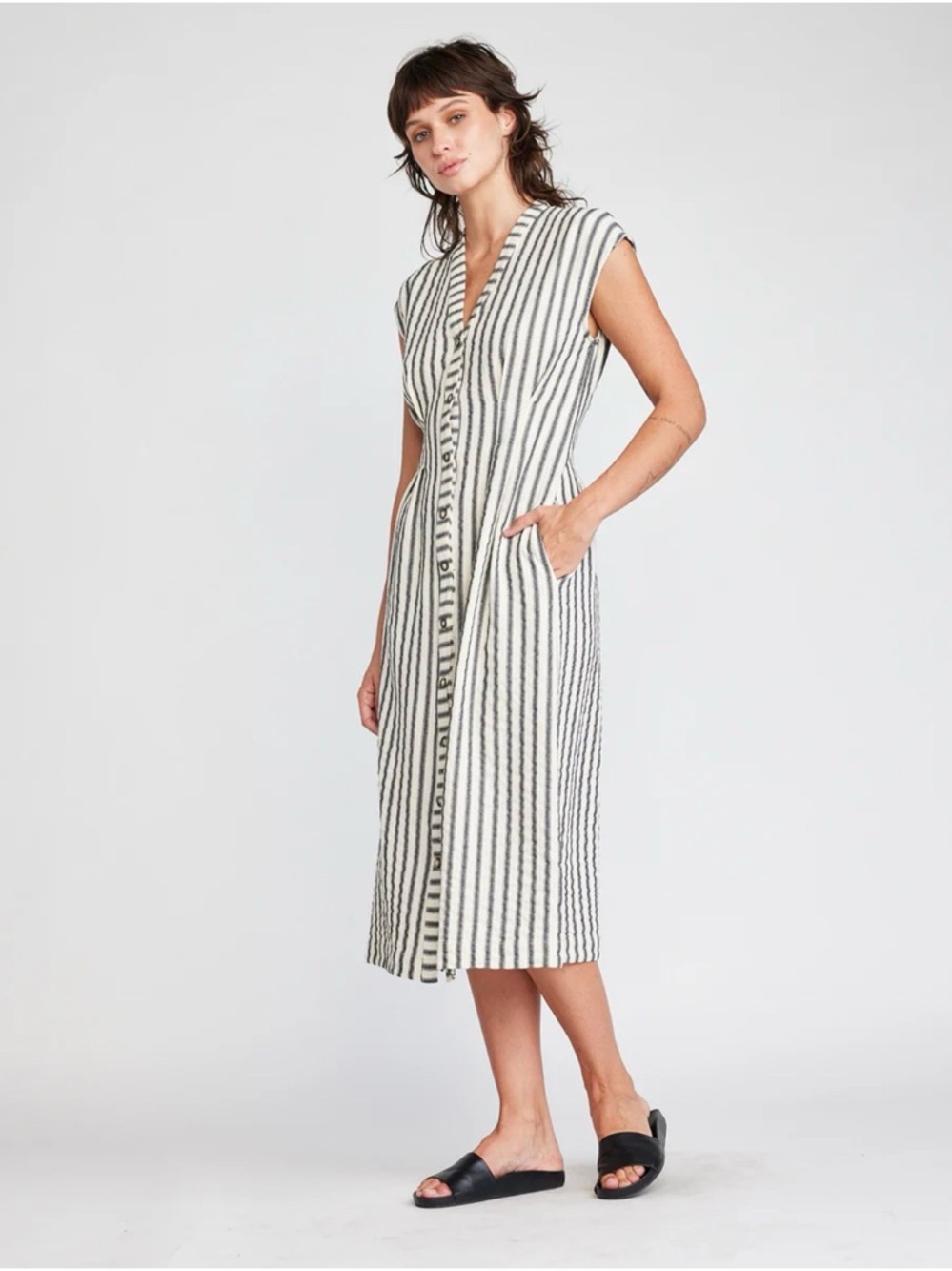 Linen Black & Cream Vertical-Stripe Midi Dress